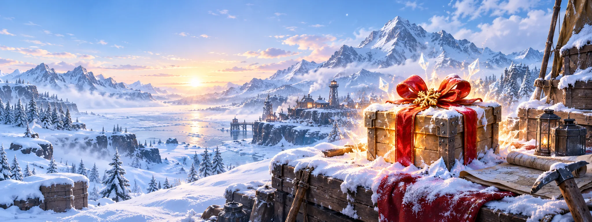 A red-ribbon gift crate waiting in a snowy survival outpost